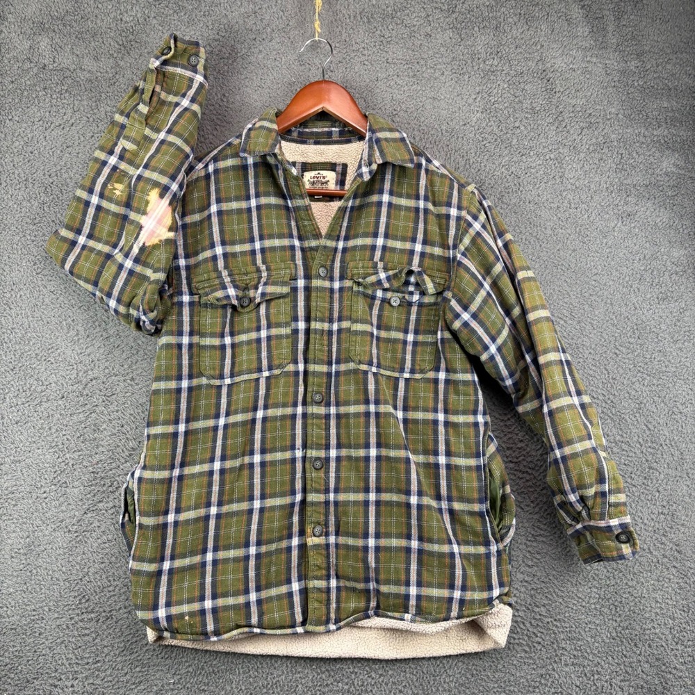 Levis Mens Sherpa Lined Flannel Shirt Jacket Medium Distressed Bleached - Picture 1 of 9